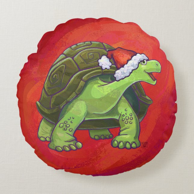 Tortoise Christmas On Red Round Cushion (Front)
