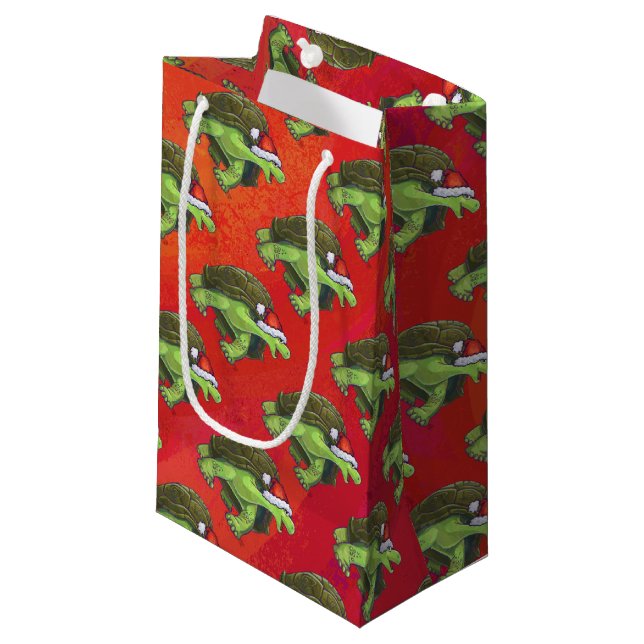 Tortoise Christmas On Red Small Gift Bag (Front Angled)