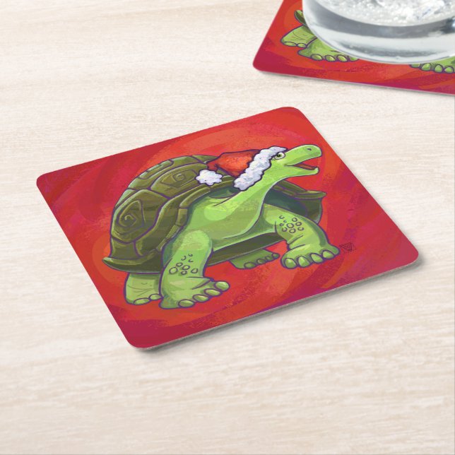 Tortoise Christmas On Red Square Paper Coaster (Angled)