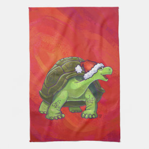 Tortoise Christmas On Red Tea Towel