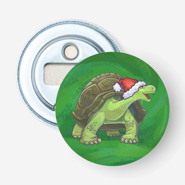 Tortoise in Santa Hat On Green Bottle Opener (Front)