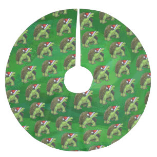 Tortoise in Santa Hat On Green Brushed Polyester Tree Skirt