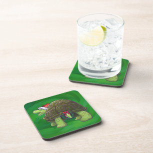 Tortoise in Santa Hat On Green Coaster