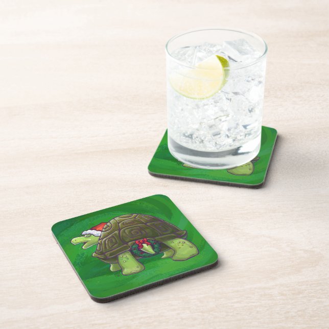 Tortoise in Santa Hat On Green Coaster (Right Side)