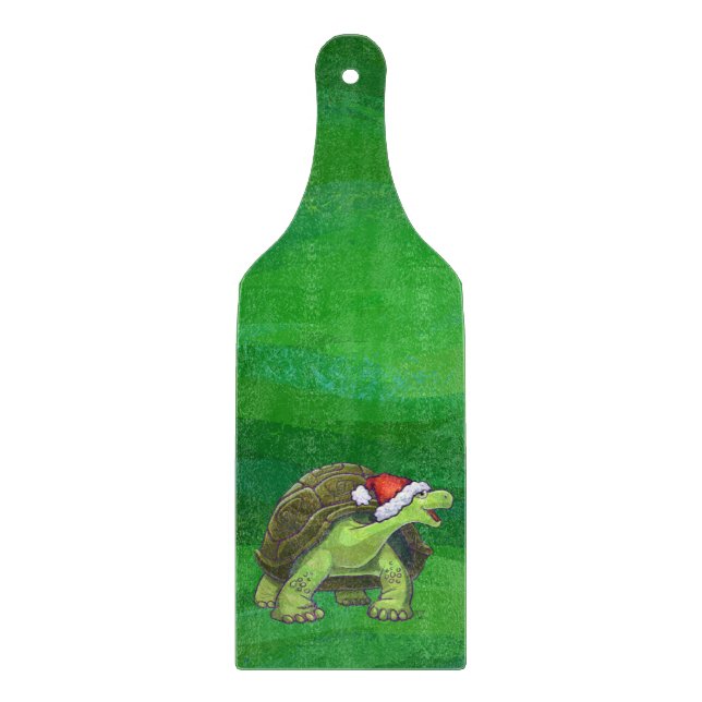 Tortoise in Santa Hat On Green Cutting Board (Front)