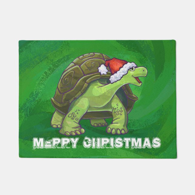 Tortoise in Santa Hat On Green Doormat (Front)