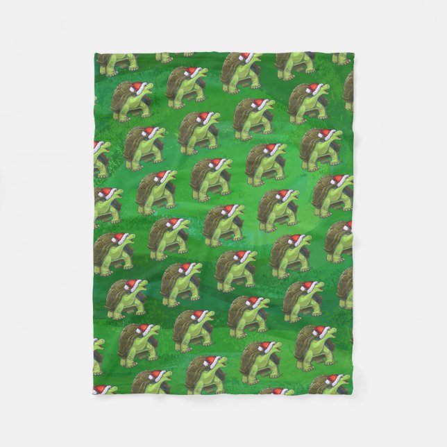 Tortoise in Santa Hat On Green Fleece Blanket (Front)