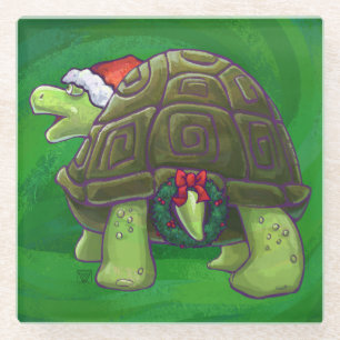 Tortoise in Santa Hat On Green Glass Coaster