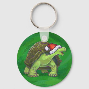 Tortoise in Santa Hat On Green Key Ring
