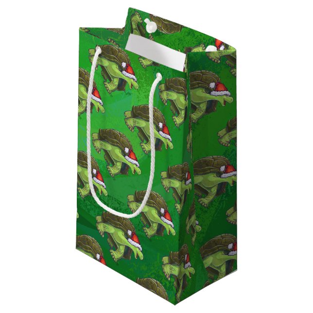 Tortoise in Santa Hat On Green Small Gift Bag (Front Angled)