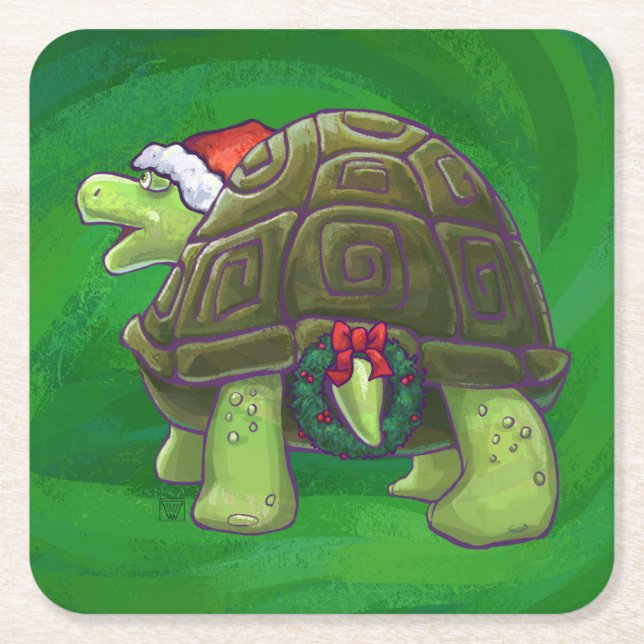 Tortoise in Santa Hat On Green Square Paper Coaster (Front)