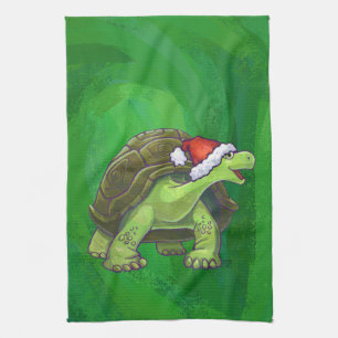 Tortoise in Santa Hat On Green Tea Towel