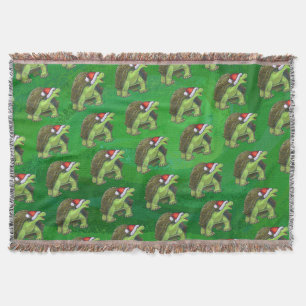 Tortoise in Santa Hat On Green Throw Blanket