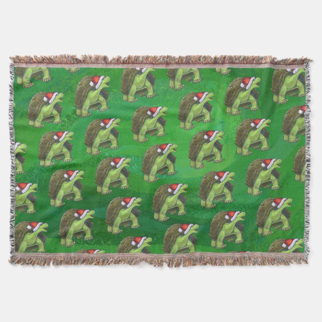 Tortoise in Santa Hat On Green Throw Blanket (Front)