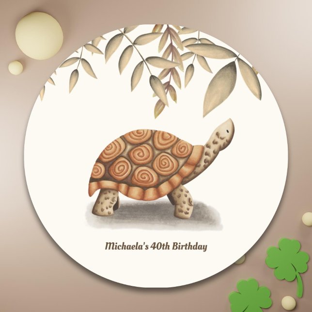 Tortoise Sepia Brown Personalised Birthday Classic Round Sticker (Creator Uploaded)