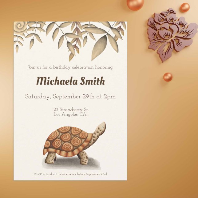 Tortoise Sepia Brown Personalised Birthday Invitation (Creator Uploaded)
