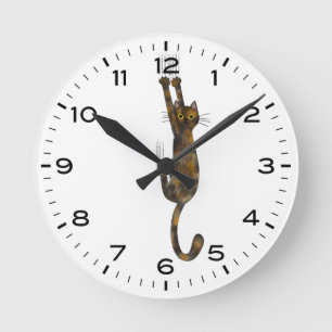Tortoise Shell Cat Hanging On Funny Round Clock