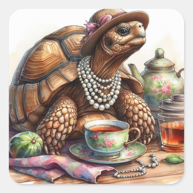 Tortoise Tea Party Square Stickers (Front)