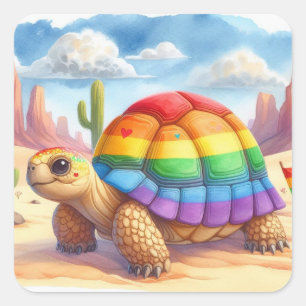 Tortoise Turtle With Rainbow Shell Square Stickers