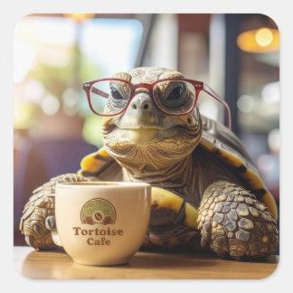 Tortoise with Glasses at a Cafe Square Stickers