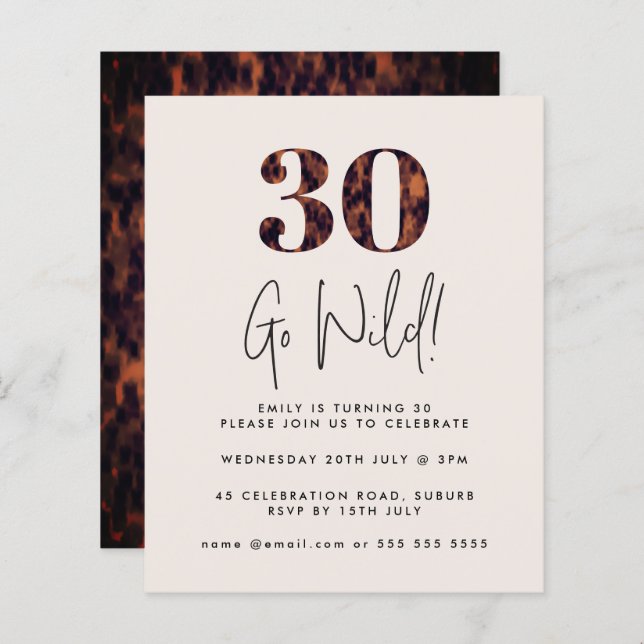 Tortoiseshell 30th Birthday Budget Paper Invite (Front/Back)