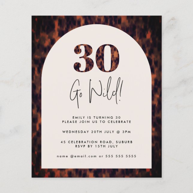 Tortoiseshell Arch Wild 30 Birthday Budget Invite (Front)