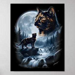 Tortoiseshell Cat Howling At Moon 90s Retro Cat Poster
