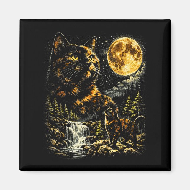 Tortoiseshell Cat Howling At Moon Celestial Magnet (Front)