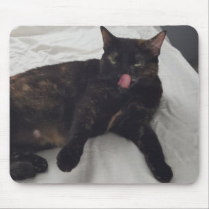 Tortoiseshell Cat Licking, Tongue Out, Mousepads