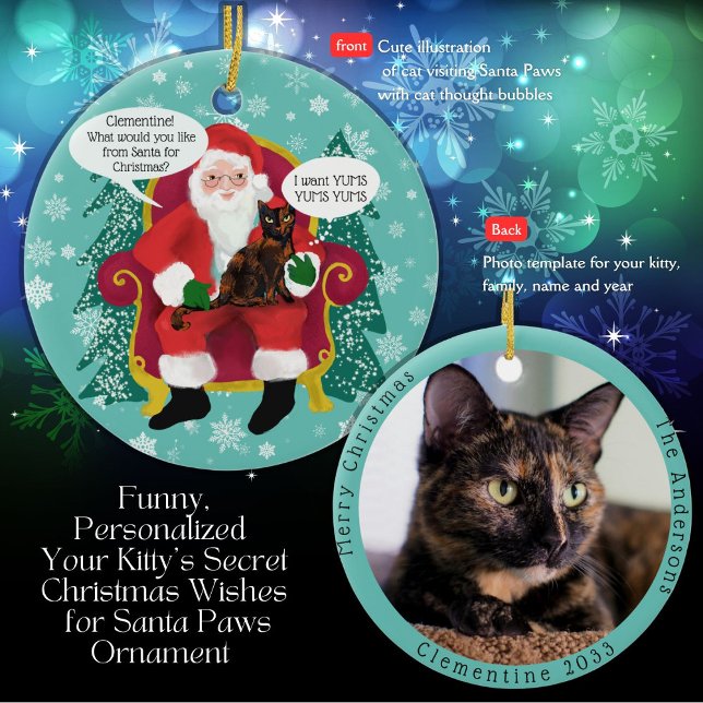 Tortoiseshell Cat Visits Santa with Hilarious Wish Ceramic Ornament ( Tortoiseshell Cat tells Santa Paws she wants ? for Christmas? Add her special wishes and picture )