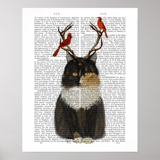 Tortoiseshell Cat with Antlers and Red Birds Poster (Front)