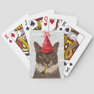 Tortoiseshell Cat with Party Hat Playing Cards
