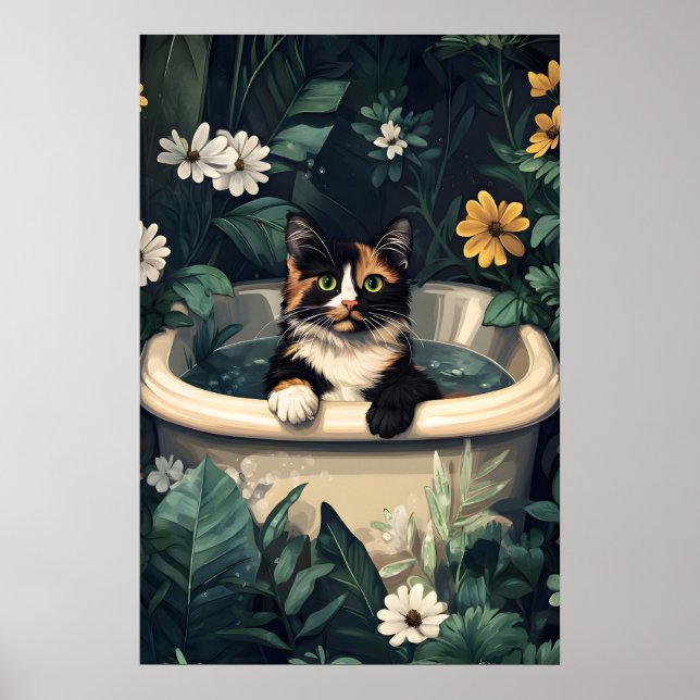 Tortoiseshell In Bathtub Poster, Funny Cat Poster (Front)