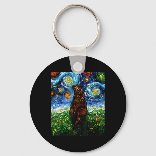 Tortoiseshell Tortie Starry Night Kitty Cat Art By Key Ring (Front)