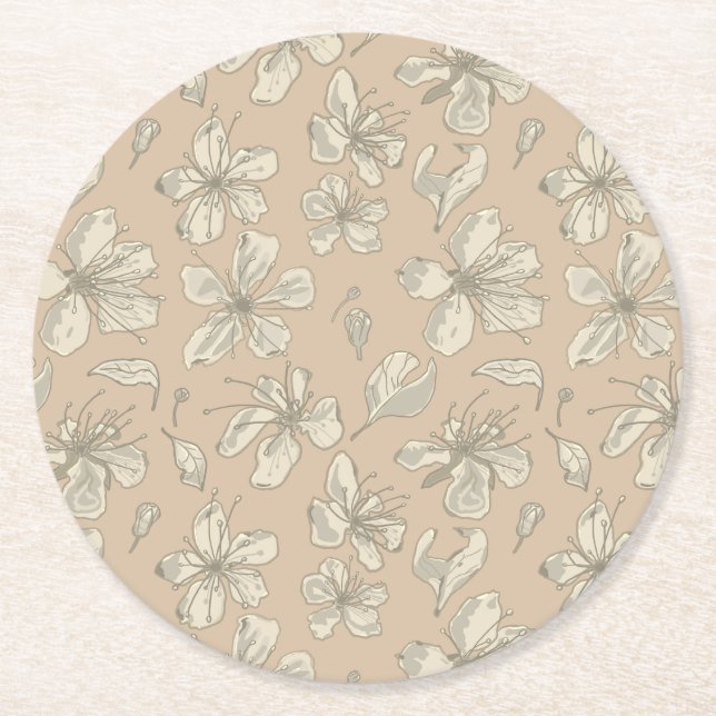 Tossed Blossoms on Light beige - seamless pattern Round Paper Coaster (Front)