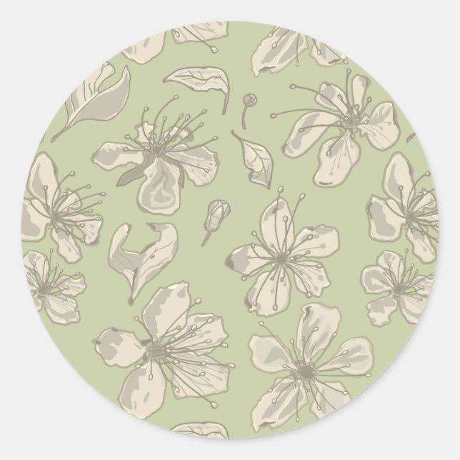 Tossed Blossoms on Olive Green - seamless pattern. Classic Round Sticker (Front)