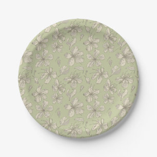 Tossed Blossoms on Olive Green - seamless pattern. Paper Plate