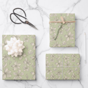 Tossed Blossoms on Olive Green - seamless pattern. Wrapping Paper Sheet
