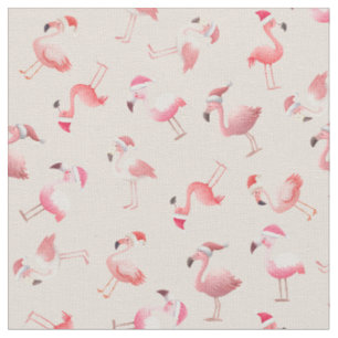 Tossed Christmas Flamingos on Beige Fabric