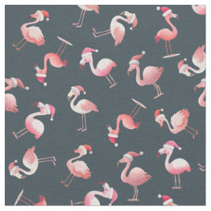 Tossed Christmas Flamingos on Dark Gray-Blue Fabric