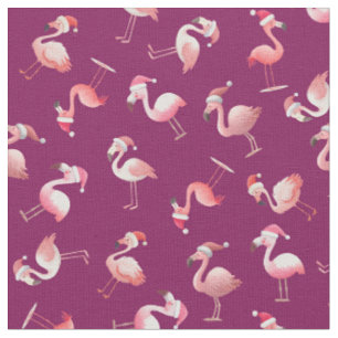 Tossed Christmas Flamingos on Dark Pink Fabric