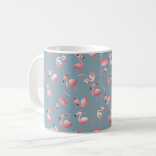 Tossed Christmas Flamingos on Light Gray-Blue Coffee Mug