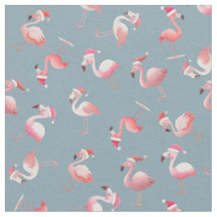 Tossed Christmas Flamingos on Light Gray-Blue Fabric