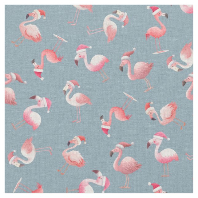 Tossed Christmas Flamingos on Light Gray-Blue Fabric (Close Up)