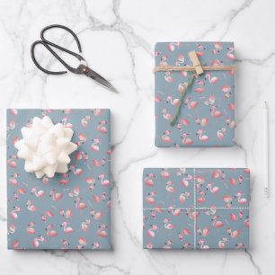 Tossed Christmas Flamingos on Light Gray-Blue Wrapping Paper Sheet