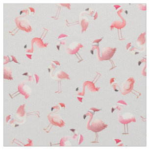 Tossed Christmas Flamingos on Light Grey Fabric