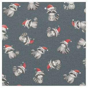 Tossed Christmas Raccoons on Dark Gray-Blue Fabric