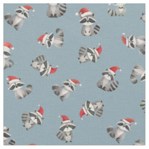 Tossed Christmas Raccoons on Light Gray-Blue Fabric