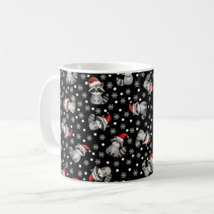 Tossed Christmas Raccoons & Snowflakes on Black Coffee Mug