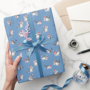Tossed Christmas Sharks on Blue Wrapping Paper